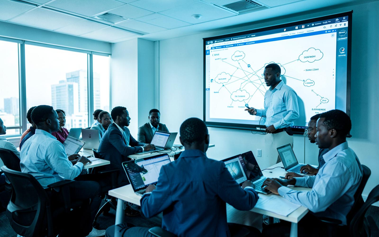 Instructor leading a cloud computing class at BEE-LEARNING in Yaoundé
